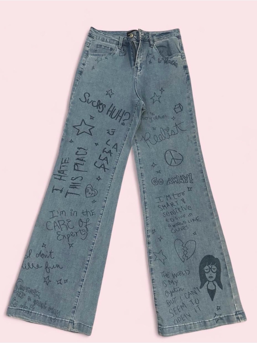 Dolls Kill Light Blue Wide-Leg Graphic Jeans